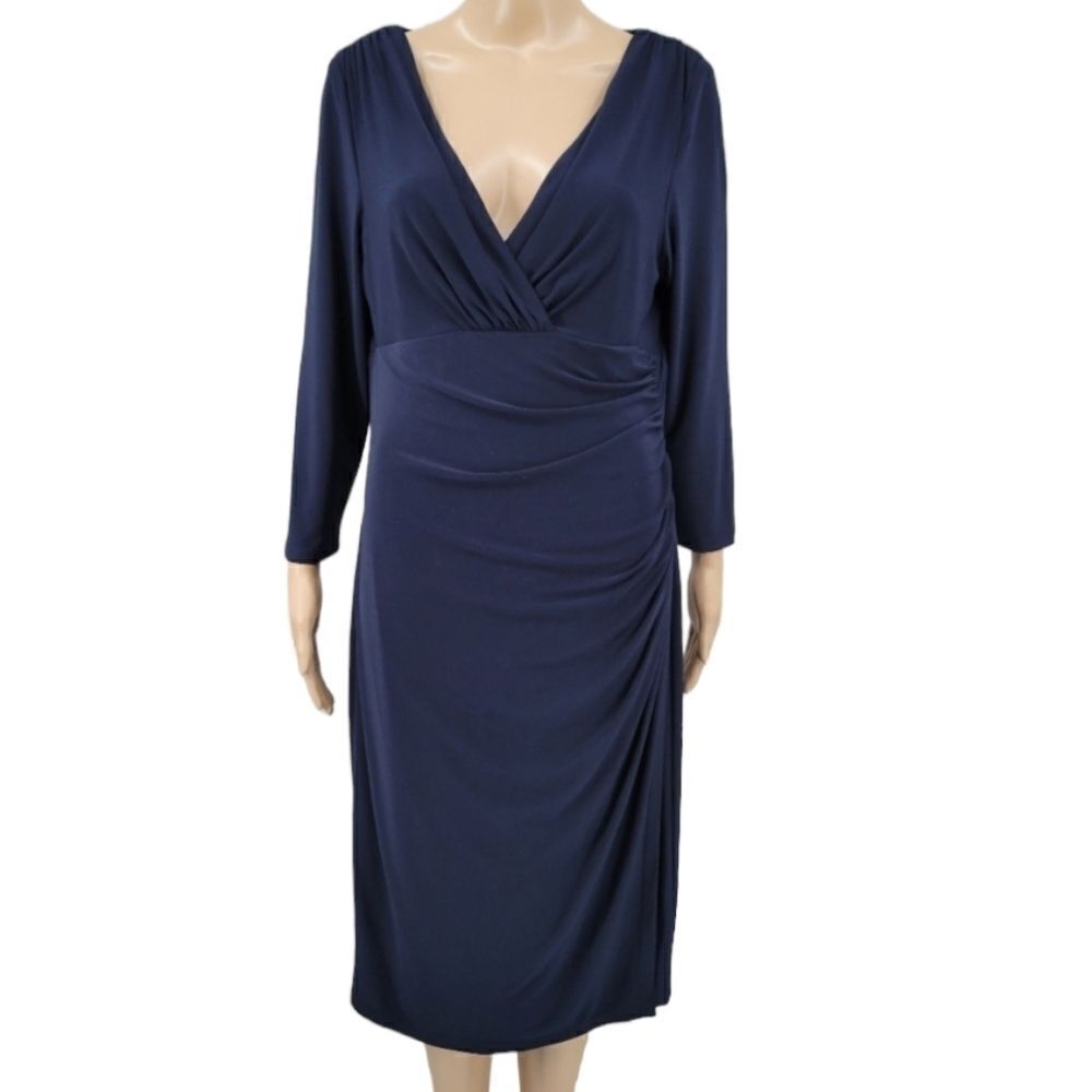 Lauren Ralph Lauren Dark Blue Ruched Dress Plunging V Neckline Long Sleeves